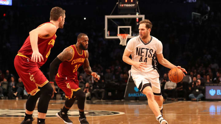 Jan 6, 2017; Brooklyn, NY, USA;  Brooklyn Nets guard Bojan Bogdanovic (44) drives around Cleveland Cavaliers defense during the third quarter at Barclays Center. Cleveland Cavaliers won 116-108. Mandatory Credit: Anthony Gruppuso-USA TODAY Sports
