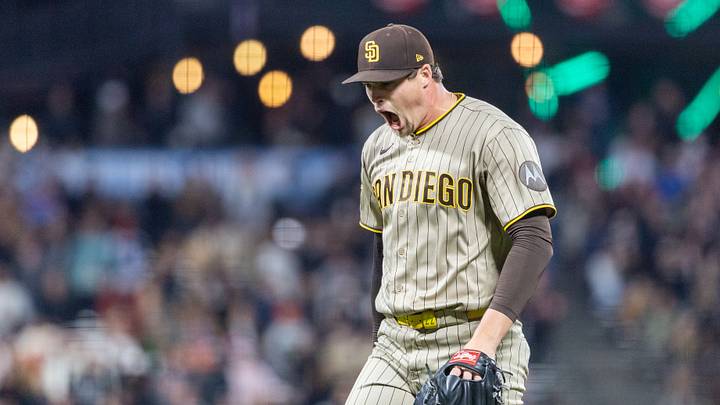 Sep 11, 2026; San Francisco, California, USA;  San Diego Padres pitcher Mason Miller (22) celebrates his save during the ninth inning against the San Francisco Giants at Oracle Park.  Mandatory Credit: Bob Kupbens-Imagn Images