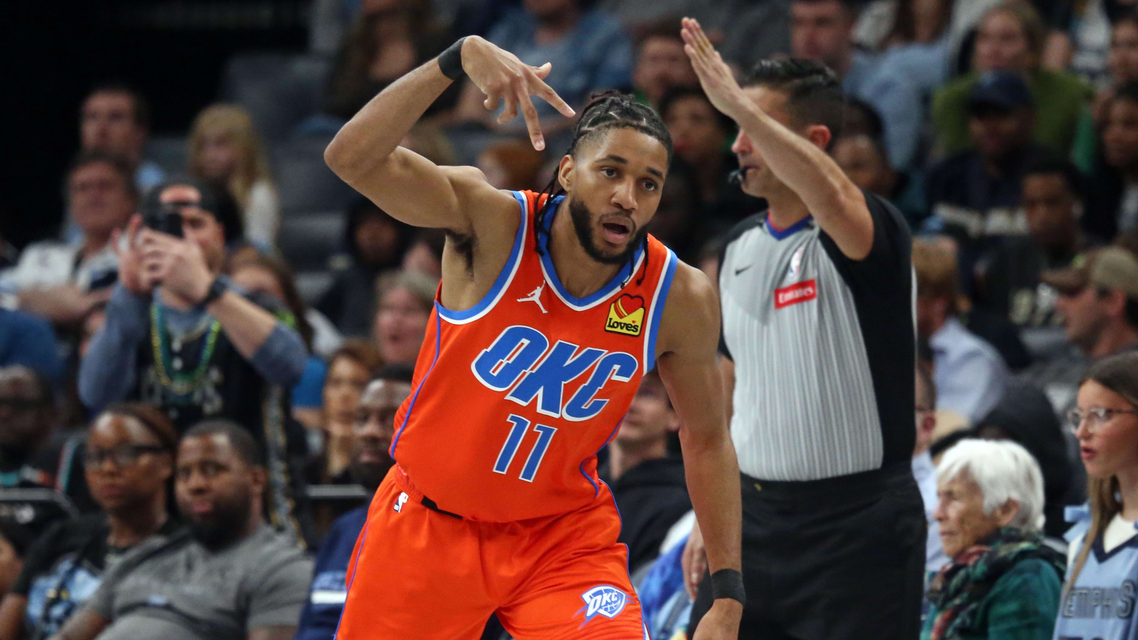 Mar 16, 2024; Memphis, Tennessee, USA; Oklahoma City Thunder guard Isaiah Joe (11) reacts after a