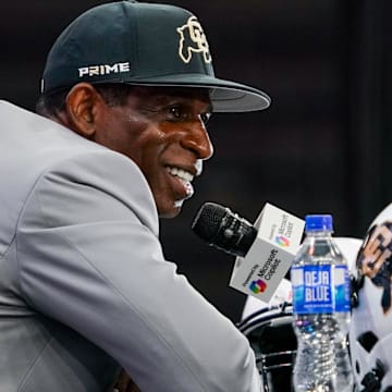 Jul 9, 2025; Frisco, TX, USA; Colorado head coach Deion Sanders speaks with the media during 2025 Big 12 Football Media Days at The Star. Mandatory Credit: Raymond Carlin III-Imagn Images