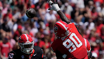 Georgia defensive lineman Elijah Griffin (90) goes up to bat down a pass during the Georgia G-Day spring football game in Athens, Ga., on Saturday, April 12, 2025.