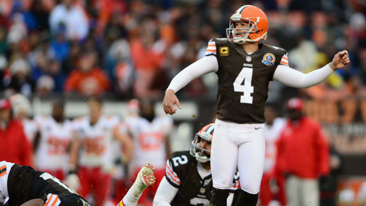 Dec. 9, 2012; Cleveland, OH, USA; Cleveland Browns kicker Phil Dawson (4) kicks a field goal in the fourth quarter against the Kansas City Chiefs at Cleveland Brown Stadium. Mandatory Credit: Andrew Weber-USA TODAY Sports