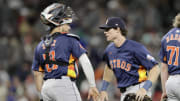 Jul 20, 2024; Seattle, Washington, USA; Houston Astros center fielder Jake Meyers (6) greets catcher Yainer Diaz (21) after defeating the Seattle Mariners at T-Mobile Park.