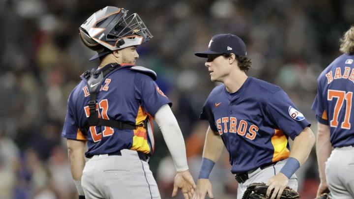 Jul 20, 2024; Seattle, Washington, USA; Houston Astros center fielder Jake Meyers (6) greets catcher Yainer Diaz (21) after defeating the Seattle Mariners at T-Mobile Park.