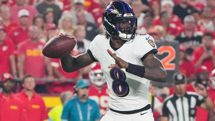 Sep 5, 2024; Kansas City, Missouri, USA; Baltimore Ravens quarterback Lamar Jackson (8) throws a pass against the Kansas City Chiefs during the first half at GEHA Field at Arrowhead Stadium.