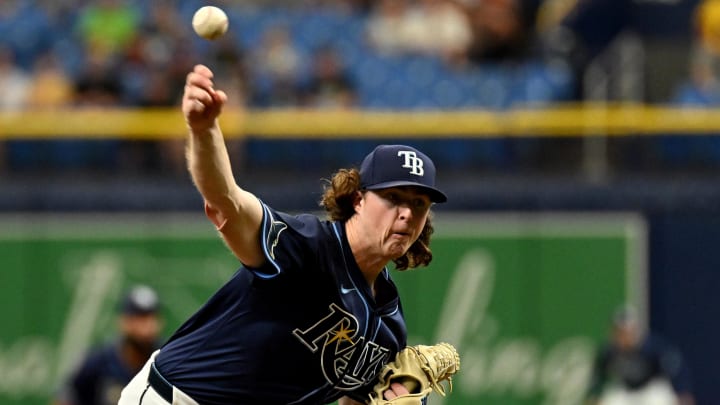 Jun 26, 2024; St. Petersburg, Florida, USA; Tampa Bay Rays starting pitcher Ryan Pepiot (44) throws against the Seattle Mariners in the first inning at Tropicana Field.