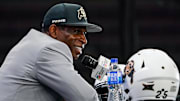 Jul 9, 2025; Frisco, TX, USA; Colorado head coach Deion Sanders speaks with the media during 2025 Big 12 Football Media Days at The Star. 
