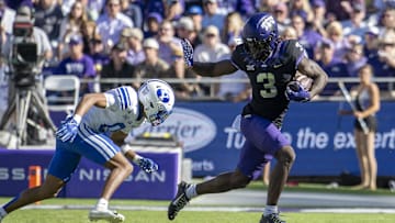 Oct 14, 2023; Fort Worth, Texas, USA; TCU Horned Frogs wide receiver Savion Williams (3) in action during the game between the TCU Horned Frogs and the Brigham Young Cougars at Amon G. Carter Stadium. Mandatory Credit: Jerome Miron-Imagn Images