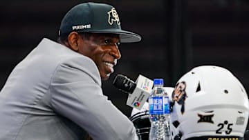 Colorado head coach Deion Sanders speaks with the media during 2025 Big 12 Football Media Days at The Star. 