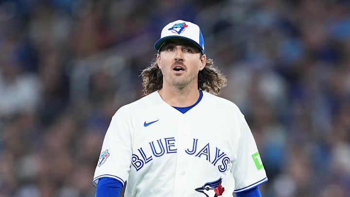 Mar 27, 2026; Toronto, Ontario, CAN; Toronto Blue Jays starting pitcher Kevin Gausman (34) walks towards the dugout against the Athletics during the fourth inning at Rogers Centre. Mandatory Credit: Nick Turchiaro-Imagn Images