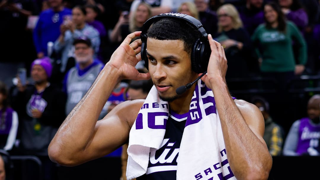 Mar 17, 2025; Sacramento, California, USA; Sacramento Kings forward Keegan Murray (13) is interviewed by media after the game against the Memphis Grizzlies at Golden 1 Center. Mar 17, 2025; Sacramento, California, USA; Sacramento Kings forward Keegan Murray (13) is interviewed by media after the game against the Memphis Grizzlies at Golden 1 Center.