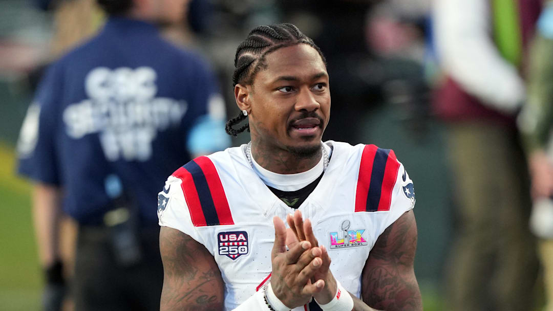 Feb 8, 2026; Santa Clara, CA, USA; New England Patriots wide receiver Stefon Diggs (8) during halftime against the Seattle Seahawks in Super Bowl LX at Levi's Stadium. Mandatory Credit: Darren Yamashita-Imagn Images