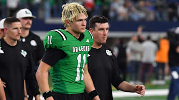 Southlake Carroll's Brock Boyd is emotional after the loss to Austin Vandegrift in the 6A DII UIL Texas State Football Championship game on Saturday, December 21, 2024 at AT&T Stadium in Arlington.
