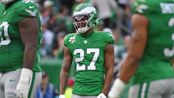 Dec 29, 2024; Philadelphia, Pennsylvania, USA; Philadelphia Eagles cornerback Quinyon Mitchell (27) against the Dallas Cowboys at Lincoln Financial Field. Mandatory Credit: Eric Hartline-Imagn Images