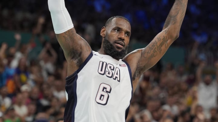 Jul 31, 2024; Villeneuve-d'Ascq, France; United States forward Lebron James (6) celebrates after a play in the fourth quarter against South Sudan during the Paris 2024 Olympic Summer Games at Stade Pierre-Mauroy. Mandatory Credit: John David Mercer-USA TODAY Sports