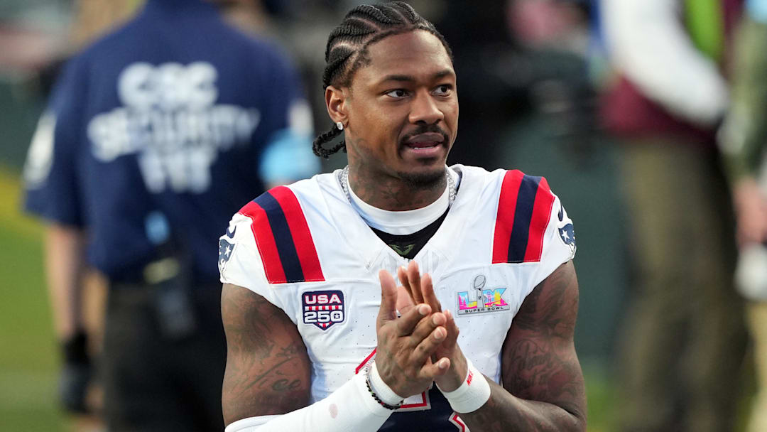 Feb 8, 2026; Santa Clara, CA, USA; New England Patriots wide receiver Stefon Diggs (8) during halftime against the Seattle Seahawks in Super Bowl LX at Levi's Stadium.