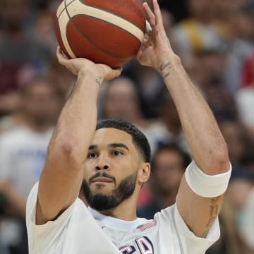 Aug 3, 2024; Villeneuve-d'Ascq, France; United States small forward Jayson Tatum (10) warms up before a game against Puerto Rico during the Paris 2024 Olympic Summer Games at Stade Pierre-Mauroy. Mandatory Credit: John David Mercer-USA TODAY Sports