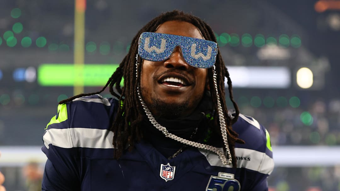 Jan 17, 2026; Seattle, WA, USA;  Seattle Seahawks cornerback Riq Woolen (27) celebrates following an NFC Divisional Round game against the San Francisco 49ers at Lumen Field. Mandatory Credit: Kevin Ng-Imagn Images
