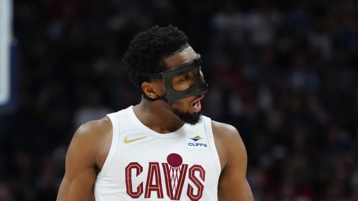 Mar 31, 2024; Denver, Colorado, USA; Cleveland Cavaliers guard Donovan Mitchell (45) reacts after