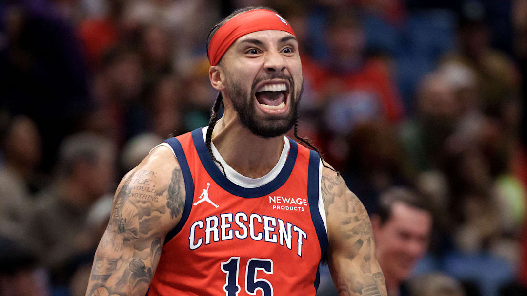 Nov 26, 2025; New Orleans, Louisiana, USA;  New Orleans Pelicans guard Jose Alvarado (15) reacts after a three point basket against the Memphis Grizzlies during the first half at Smoothie King Center. Mandatory Credit: Matthew Hinton-Imagn Images