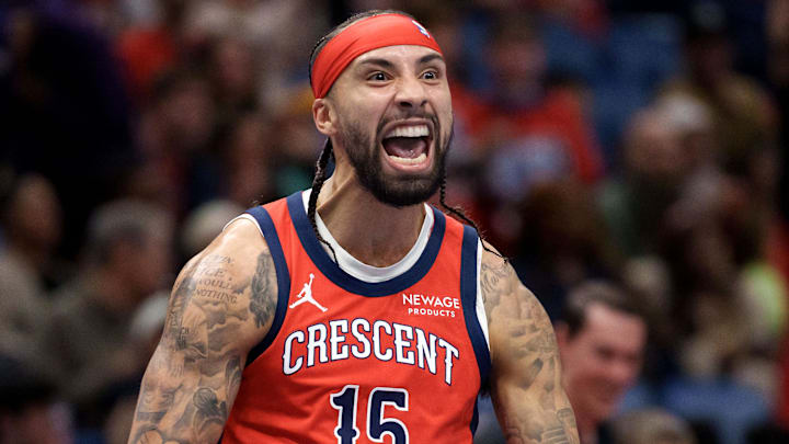 Nov 26, 2025; New Orleans, Louisiana, USA;  New Orleans Pelicans guard Jose Alvarado (15) reacts after a three point basket against the Memphis Grizzlies during the first half at Smoothie King Center. Mandatory Credit: Matthew Hinton-Imagn Images