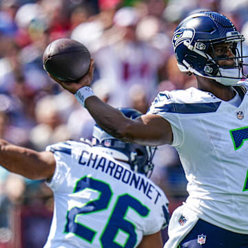 Sep 15, 2024; Foxborough, Massachusetts, USA; Seattle Seahawks quarterback Geno Smith (7) throws a pass against the New England Patriots in the first quarter at Gillette Stadium. Mandatory Credit: David Butler II-Imagn Images