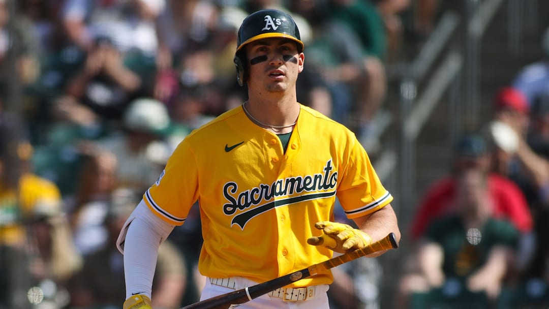 Apr 18, 2026; West Sacramento, California, USA; Athletics left fielder Tyler Soderstrom (21) looks on after striking out during the eighth inning against the Chicago White Sox at Sutter Health Park. Mandatory Credit: Scott Marshall-Imagn Images