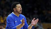 Jan 31, 2024; Pittsburgh, Pennsylvania, USA; Pittsburgh Panthers head coach Jeff Capel gestures the sidelines against the Wake Forest Demon Deacons during the second half at the Petersen Events Center. Pittsburgh won 77-72. Mandatory Credit: Charles LeClaire-Imagn Images