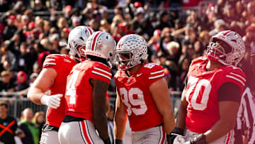 Ohio State Buckeyes wide receiver Jeremiah Smith (4) celebrates after scoring a touchdown in the second half at Ohio Stadium on Saturday, Nov. 1, 2025 in Columbus, Ohio.