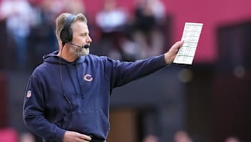 Nov 3, 2024; Glendale, Arizona, USA; Chicago Bears head coach Matt Eberflus reacts against the Arizona Cardinals during the first half at State Farm Stadium. Mandatory Credit: Joe Camporeale-Imagn Images
