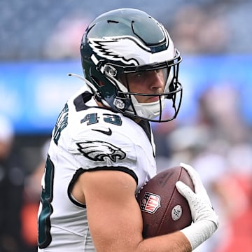 Aug 15, 2024; Foxborough, MA, USA; Philadelphia Eagles tight end Kevin Foelsch (43) warms up before a game against the Philadelphia Eagles at Gillette Stadium. Mandatory Credit: Eric Canha-Imagn Images