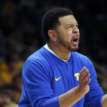 Jan 31, 2024; Pittsburgh, Pennsylvania, USA; Pittsburgh Panthers head coach Jeff Capel gestures the sidelines against the Wake Forest Demon Deacons during the second half at the Petersen Events Center. Pittsburgh won 77-72. Mandatory Credit: Charles LeClaire-Imagn Images