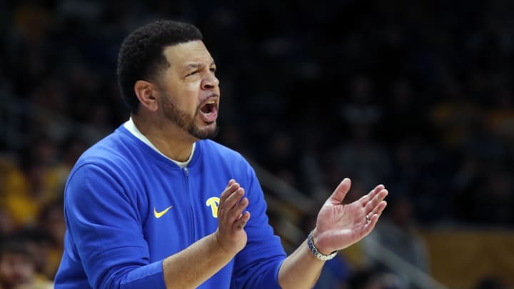 Jan 31, 2024; Pittsburgh, Pennsylvania, USA; Pittsburgh Panthers head coach Jeff Capel gestures the sidelines against the Wake Forest Demon Deacons during the second half at the Petersen Events Center. Pittsburgh won 77-72. Mandatory Credit: Charles LeClaire-USA TODAY Sports