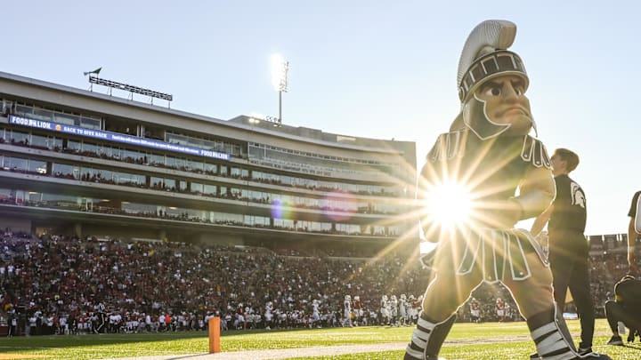 Sep 7, 2024; College Park, Maryland, USA; Michigan State Spartans mascot Sparty stands on the sidelines during the second half  against the Maryland Terrapins at SECU Stadium. Mandatory Credit: Tommy Gilligan-Imagn Images