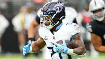 Tennessee Titans running back Tony Pollard (20) runs the ball during the second half against the Las Vegas Raiders at Allegiant Stadium. 