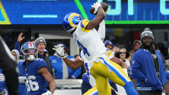 East Rutherford, NJ â€” December 31, 2023 -- Jordan Fuller of the Rams intercepts at Tyrod Taylor pass in the first half. The New York Giants host the Los Angeles Rams on December 31, 2023 at at MetLife Stadium in East Rutherford, NJ.