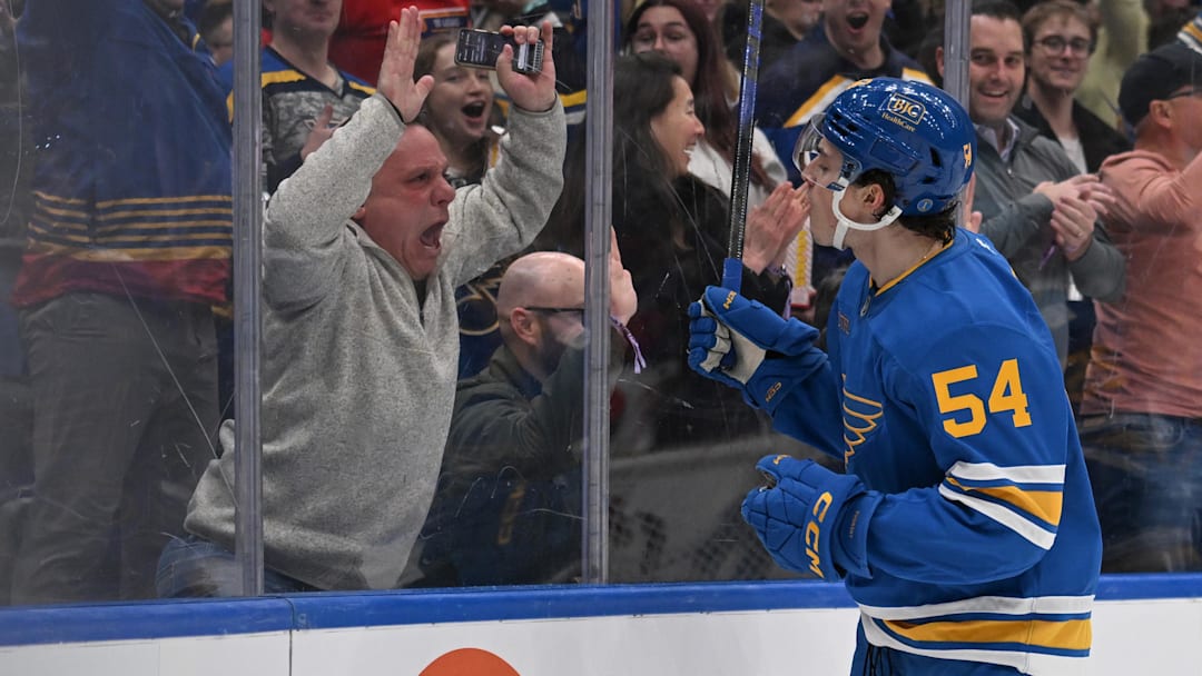 Jan 13, 2026; St. Louis, Missouri, USA; St. Louis Blues right wing Dalibor Dvorsky (54) celebrates after scoring a goal against the Carolina Hurricanes in the second period at Enterprise Center. Mandatory Credit: Joe Puetz-Imagn Images