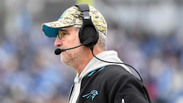 Nov 26, 2023; Nashville, Tennessee, USA; Carolina Panthers head coach Frank Reich looks on from the sideline during the second half against the Tennessee Titans at Nissan Stadium. Mandatory Credit: Christopher Hanewinckel-Imagn Images