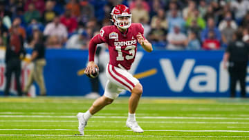 Dec 29, 2021; San Antonio, Texas, USA; Oklahoma Sooners quarterback Caleb Williams (13) runs the
