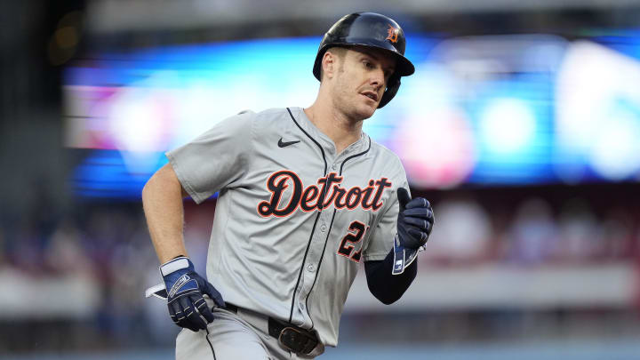 Jul 19, 2024; Toronto, Ontario, CAN; Detroit Tigers designated hitter Mark Canha (21) runs to third base during the second inning against the Toronto Blue Jays at Rogers Centre