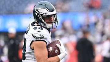 Aug 15, 2024; Foxborough, MA, USA; Philadelphia Eagles tight end Kevin Foelsch (43) warms up before a game against the Philadelphia Eagles at Gillette Stadium.