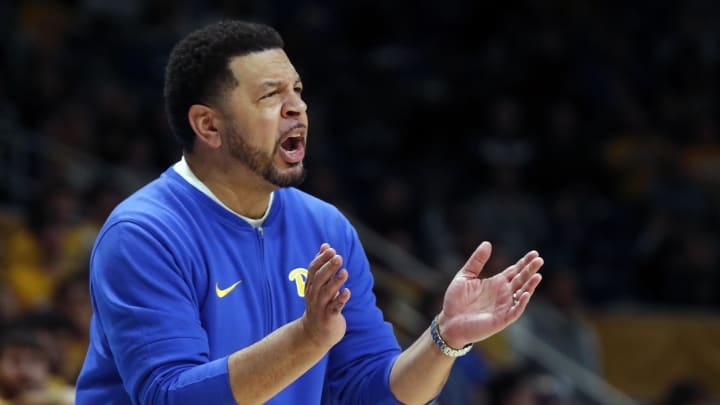 Jan 31, 2024; Pittsburgh, Pennsylvania, USA; Pittsburgh Panthers head coach Jeff Capel gestures the sidelines against the Wake Forest Demon Deacons during the second half at the Petersen Events Center. Pittsburgh won 77-72. Mandatory Credit: Charles LeClaire-USA TODAY Sports