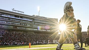 Sep 7, 2024; College Park, Maryland, USA; Michigan State Spartans mascot Sparty stands on the sidelines during the second half  against the Maryland Terrapins at SECU Stadium. Mandatory Credit: Tommy Gilligan-Imagn Images