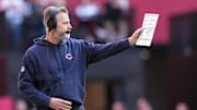 Nov 3, 2024; Glendale, Arizona, USA; Chicago Bears head coach Matt Eberflus reacts against the Arizona Cardinals during the first half at State Farm Stadium. Mandatory Credit: Joe Camporeale-Imagn Images