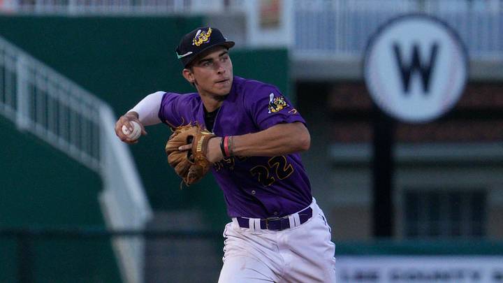Marek Houston of the Fort Myers Mighty Mussels throws for an out against the Dunedin Blue Jays at Hammond Stadium on Saturday, Aug. 2, 2025. The Mussels won 3-2 in extra innings.