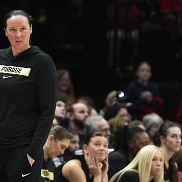 Purdue Boilermakers head coach Katie Gearlds watches her players 