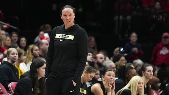 Purdue Boilermakers head coach Katie Gearlds watches her players 