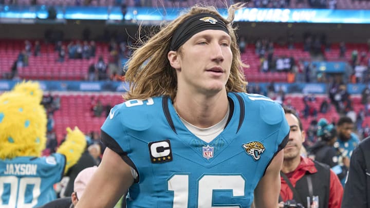 Oct 20, 2024; London, United Kingdom; Jacksonville Jaguars quarterback Trevor Lawrence (16) leaves the field after an NFL International Series game at Wembley Stadium. 