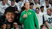 Jan 12, 2025; University Park, Pennsylvania, USA; Oregon Ducks head coach Dana Altman looks on from the bench during the first half against the Penn State Nittany Lions at Bryce Jordan Center. Mandatory Credit: Matthew O'Haren-Imagn Images