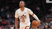 Mar 21, 2025; Phoenix, Arizona, USA; Cleveland Cavaliers guard Darius Garland (10) dribbles against the Phoenix Suns during the first half at Footprint Center. Mandatory Credit: Joe Camporeale-Imagn Images